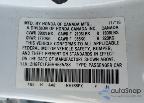2017 Honda Civic Ex from USA, damaged, VIN 2HGFC1F36HH635788